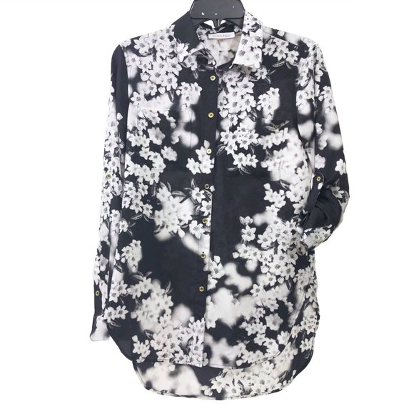 Calvin Klein Tops - EUC Calvin Klein Black & White Floral Long Roll Tab Sleeves Wms Size XS